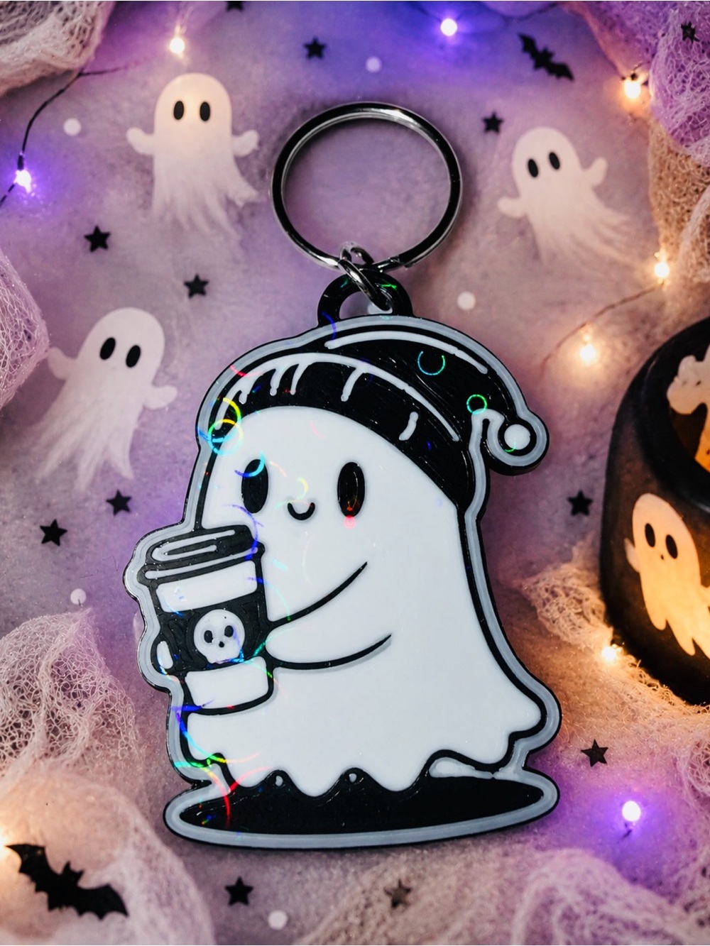 Cute Black & White Ghost Keychain - Holographic Accent